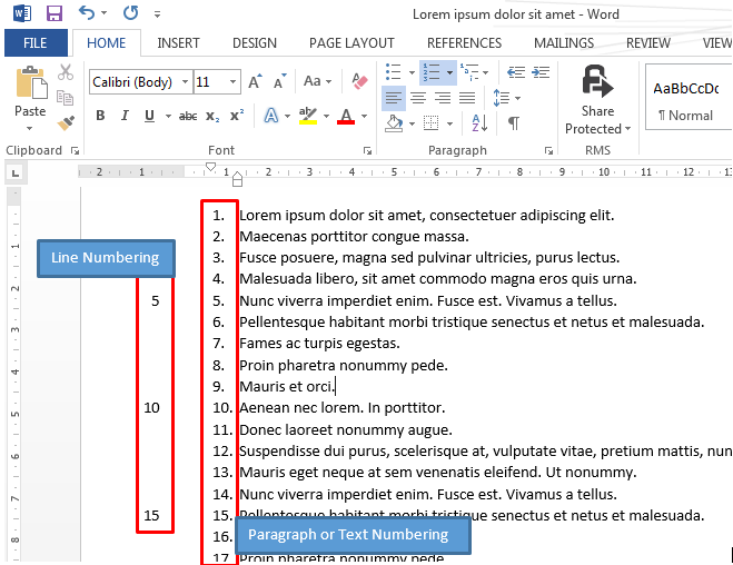 embedded line numbers in word
